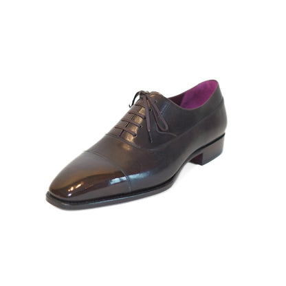 MANGO MOJITO Balmoral Oxford dress shoe in dark brown leather with a soft chisel toe and burgundy interior lining.